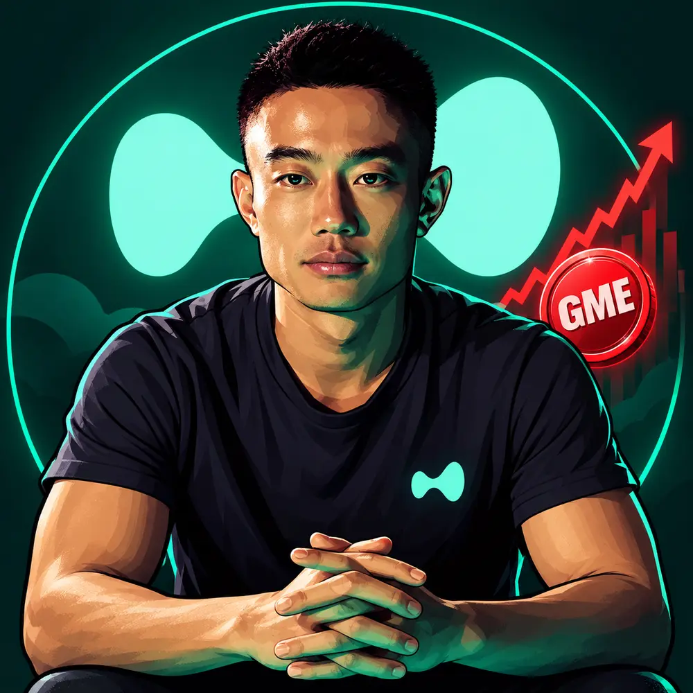 Illustration of Jeff Yan with a GME coin and a red chart going up